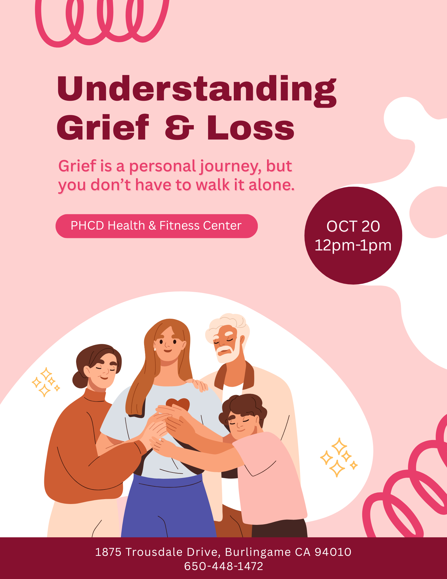 Event flyer for "Understanding Grief & Loss" at PHCD Health & Fitness Center, Oct 20, 12pm-1pm, Burlingame, CA.