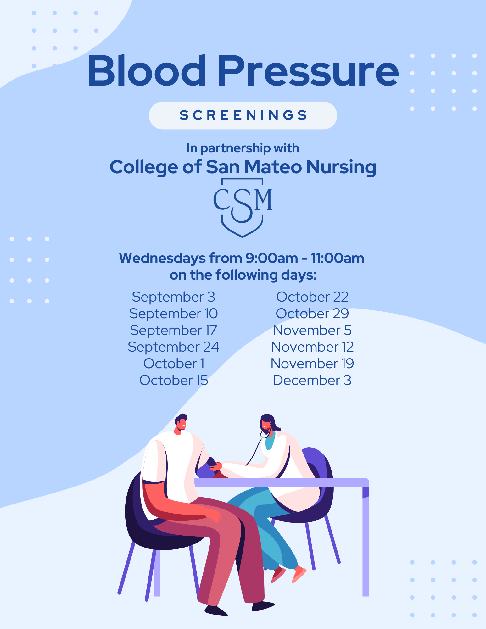 Blood Pressure Screenings by CSM Nursing, Wednesdays 9-11am, dates: Sep 3-Dec 3.