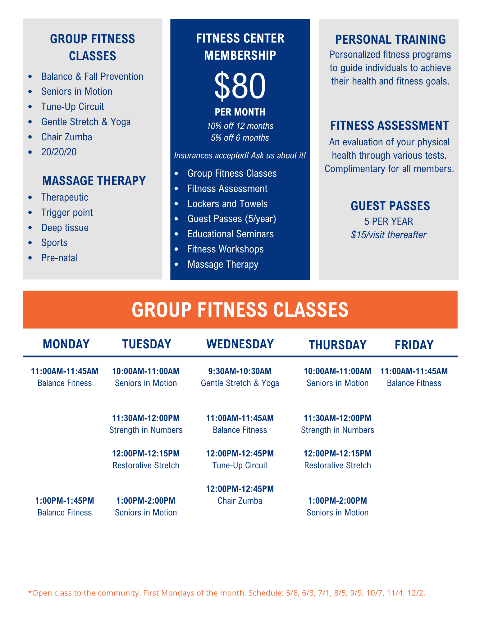 Fitness center offers classes, membership at $80/month, massage therapy, personal training, and guest passes. Group class schedule included.