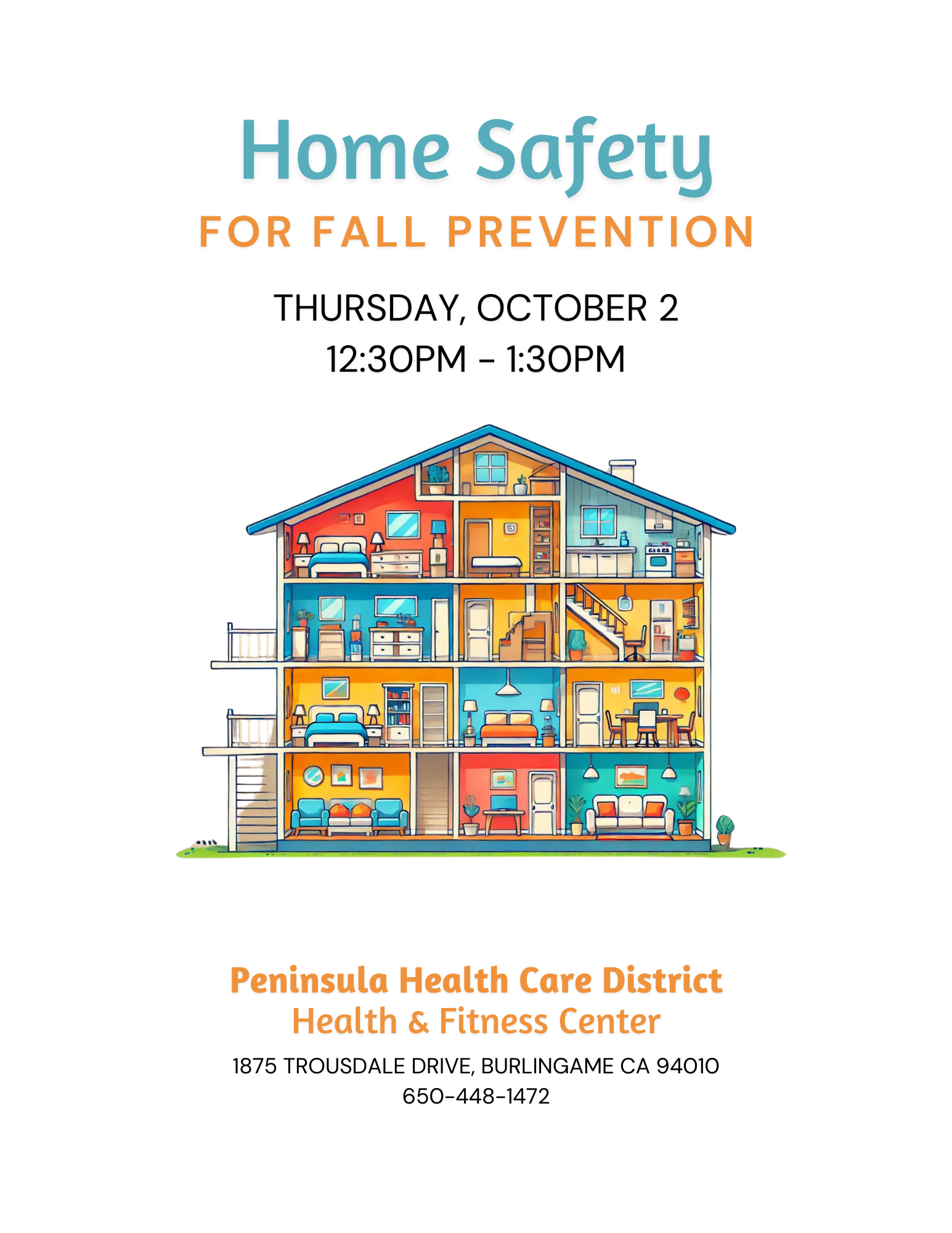 Flyer for a "Home Safety for Fall Prevention" event on October 2, 12:30PM-1:30PM, at Peninsula Health Care District, Burlingame, CA.