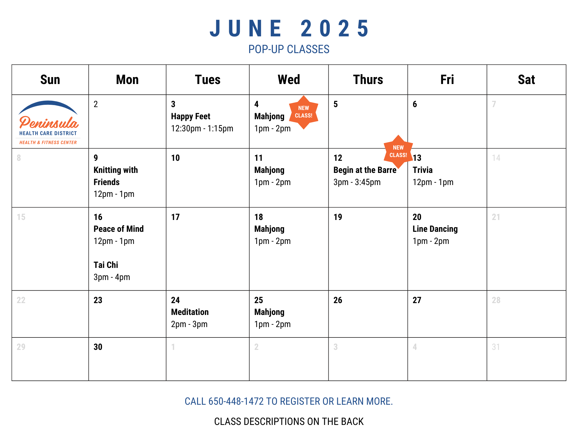 June 2025 pop-up class schedule with events like Mahjong, Barre, Trivia, and more.