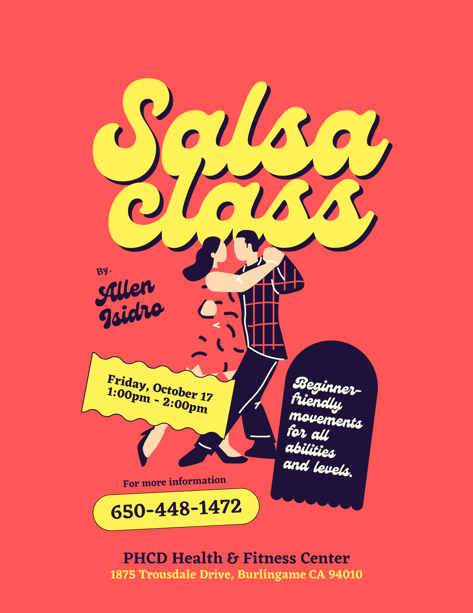 Salsa class flyer with date, time, contact info, and location in Burlingame, CA. Beginner-friendly.
