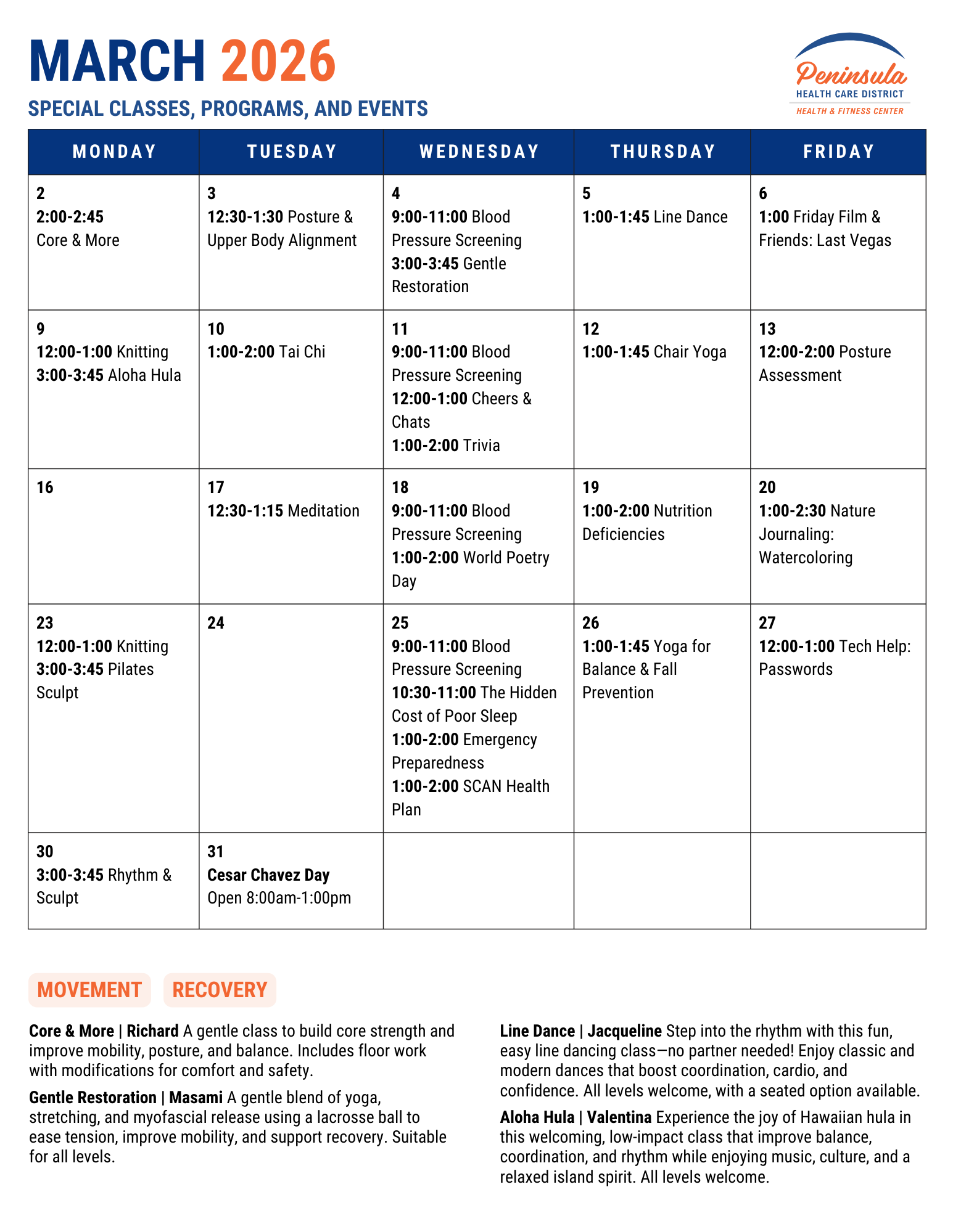 March 2026 schedule of fitness and wellness classes including yoga, meditation, knitting, and health screenings.