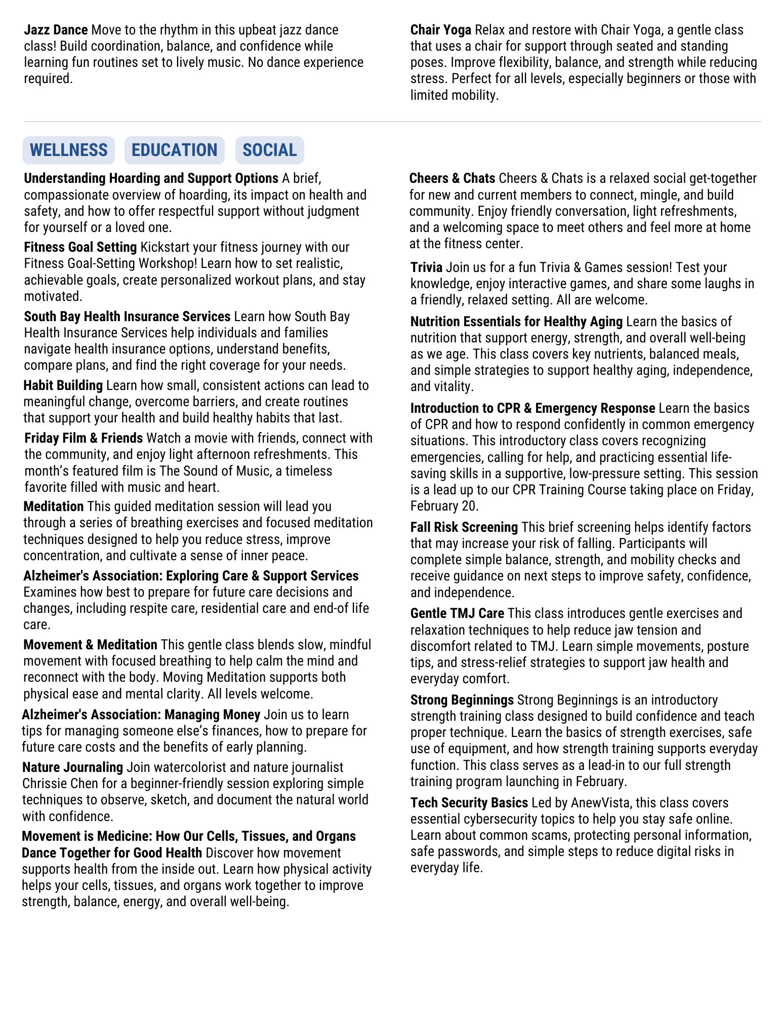 The image lists various wellness and educational activities, including dance, yoga, fitness goals, CPR, and health workshops for community engagement.