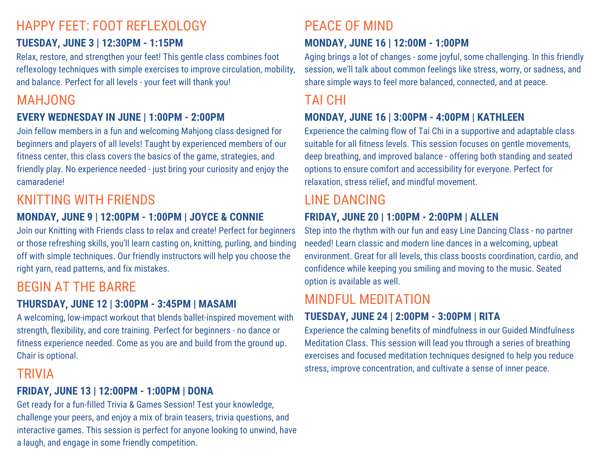 Schedule of various activities including reflexology, Mahjong, knitting, barre, trivia, meditation, Tai Chi, and line dancing classes.