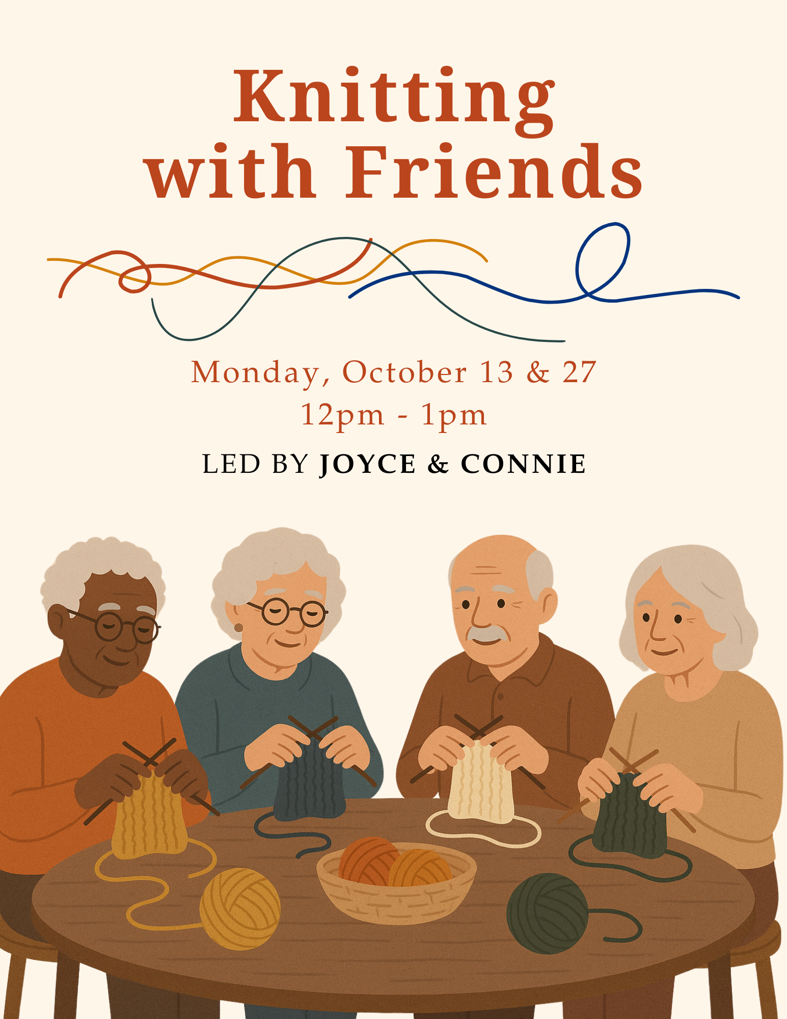 Illustration of four people knitting with the text “Knitting with Friends,” dates, times, and leaders’ names (Joyce & Connie).