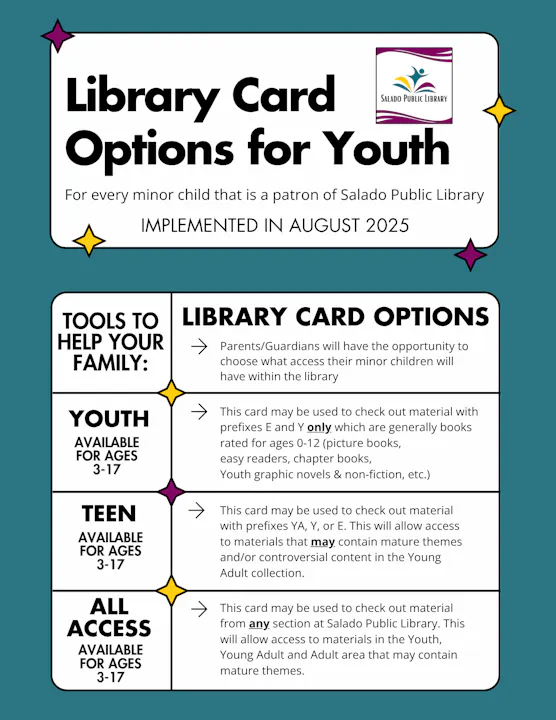 The image outlines library card options for youth at Salado Public Library, detailing access levels for different age groups.