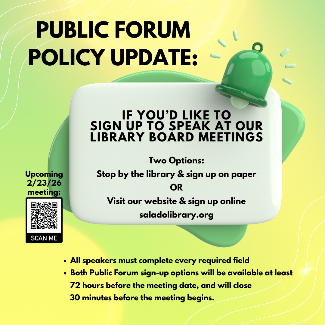 Library board meeting sign-up options: in-person or online. Deadline: 72 hours before meeting on 2/23/26. All fields required.