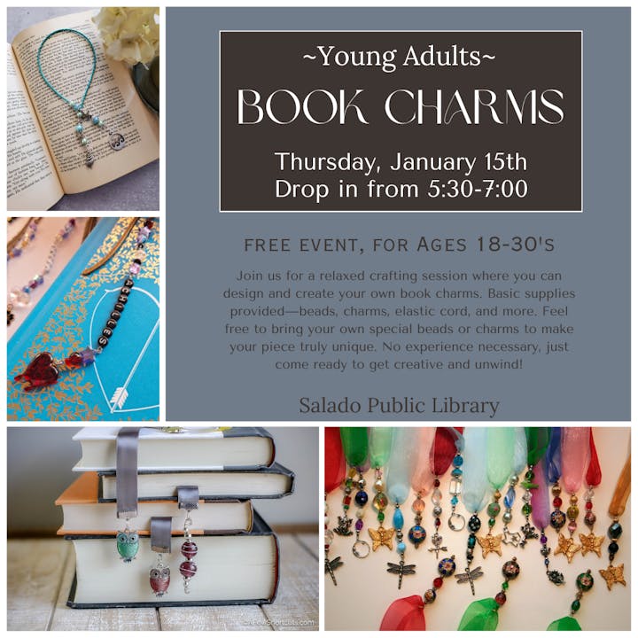Event invite for a free crafting session at Salado Public Library on Jan 15th, 5:30-7:00 PM. Create book charms—supplies provided!