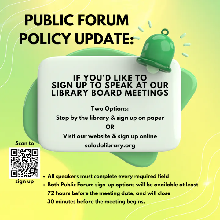 Library board meeting sign-up details: Register in person or online at saladolibrary.org. Complete all required fields.