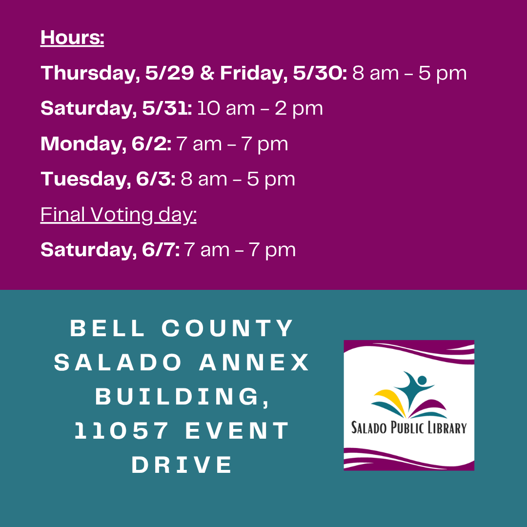 Hours and final voting day info at Salado Annex, Bell County. Final day: 6/7, 7 am–7 pm.