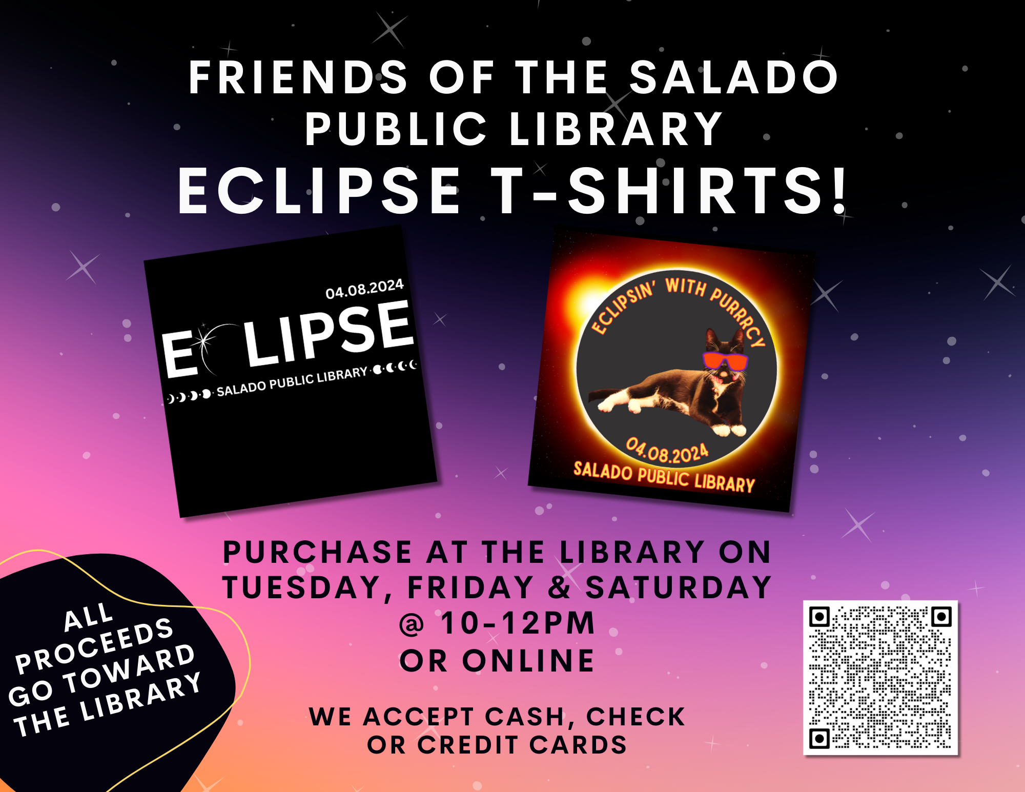 Promotional image for eclipse T-shirts supporting Salado Public Library with a QR code, sale info, and images of the shirts.
