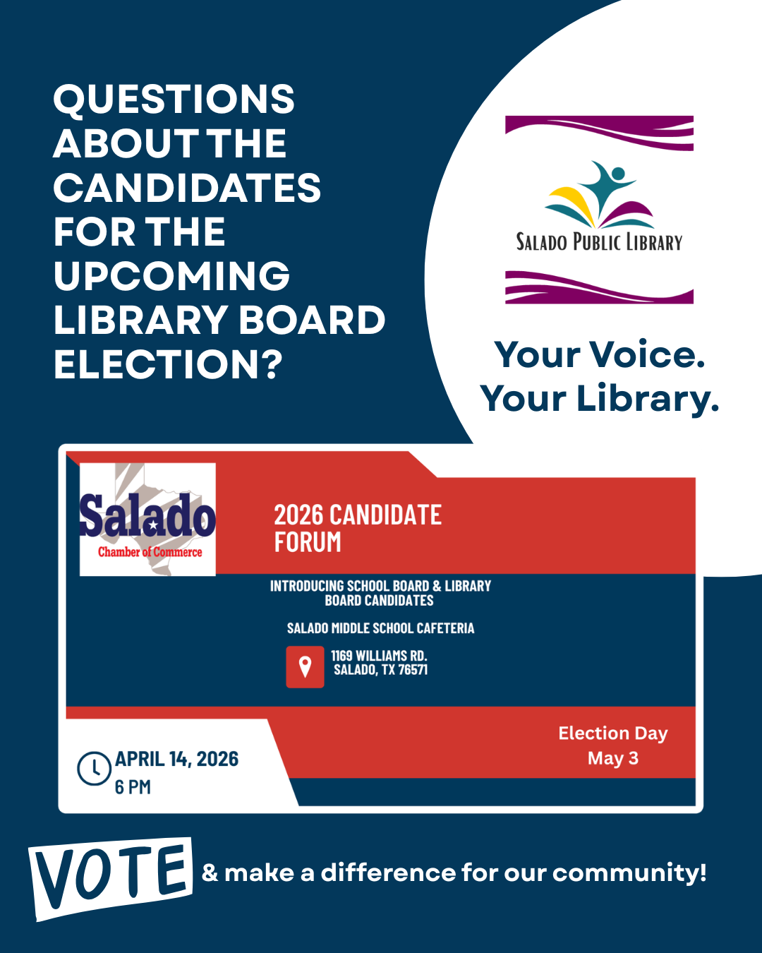 A candidate forum for school board and library board elections on April 14, 2026, at Salado Middle School. Vote on May 3!