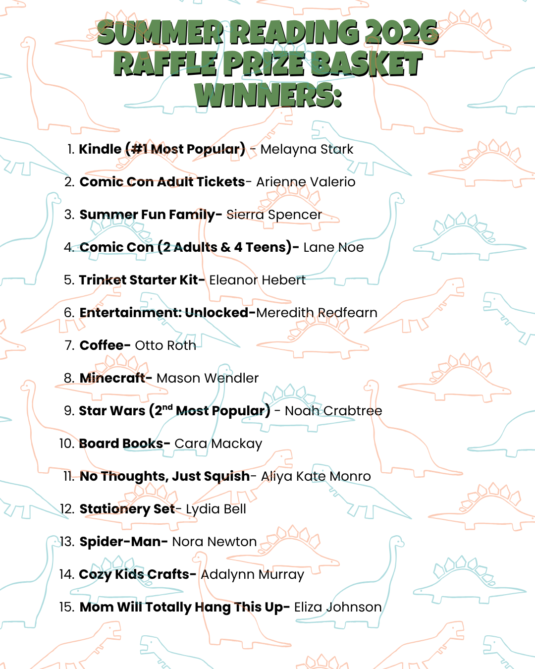 The image lists winners of the Summer Reading 2026 raffle, featuring prizes like a Kindle, Comic Con tickets, and more.