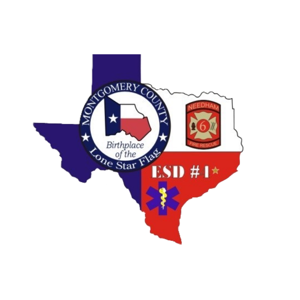 Map of Texas with Montgomery County and Needham Fire Rescue logos, labeled "Birthplace of the Lone Star Flag," and "ESD #1".