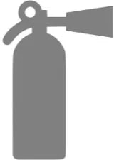 Gray silhouette of a fire extinguisher with nozzle and handle.