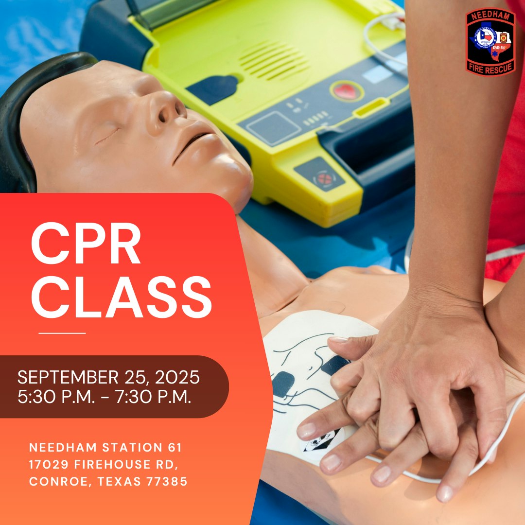 CPR class ad with date, time, and address; features CPR dummy and defibrillator.