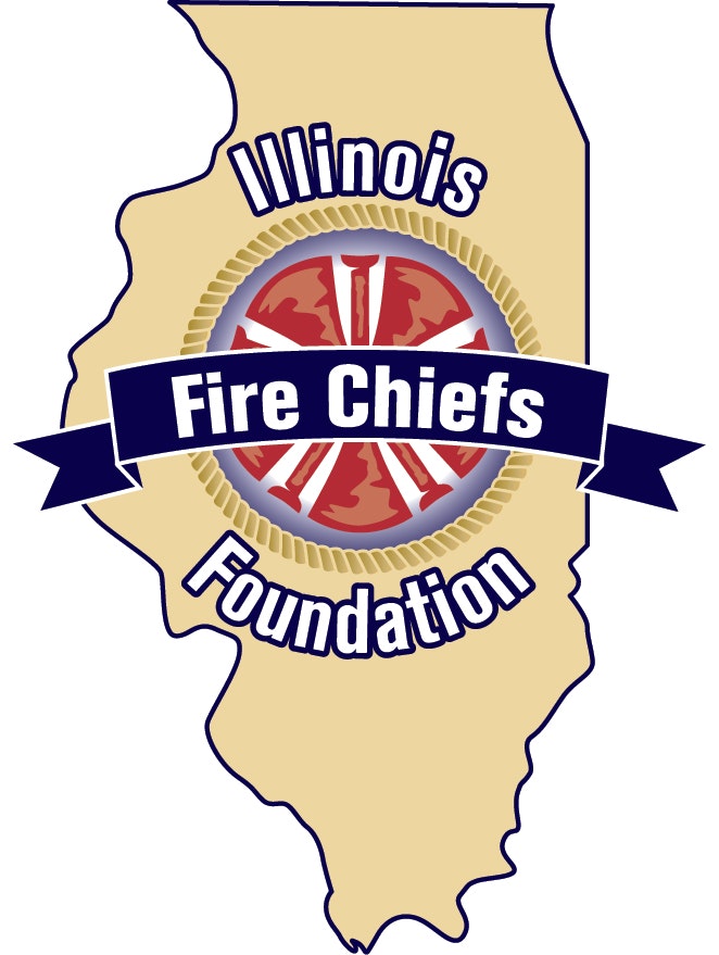 Map of Illinois with a logo for the "Illinois Fire Chiefs Foundation" centered over it.