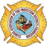 Emblem of the Illinois Association of Fire Protection Districts Foundation with a firefighter helmet, quill, and torch.