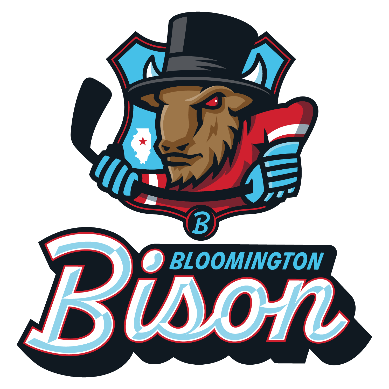Hockey team logo featuring a bison with a top hat holding a stick, text "Bloomington Bison."