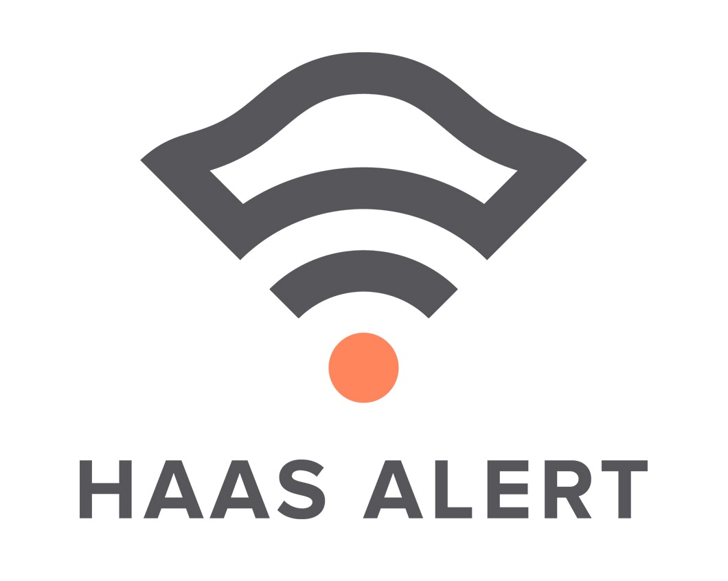 A logo featuring a stylized wifi symbol with an orange dot, and the text "HAAS ALERT" below.