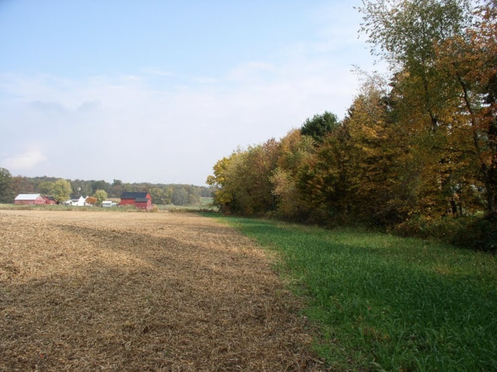 A field with harvested crops, green grass, and trees; barns and buildings in the distance under a partly cloudy sky.
