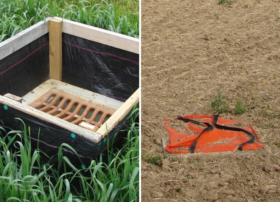 Left: A wooden frame around a storm drain marked "DUMP NO WASTE" in grass. Right: An orange object with black straps in a dirt field.