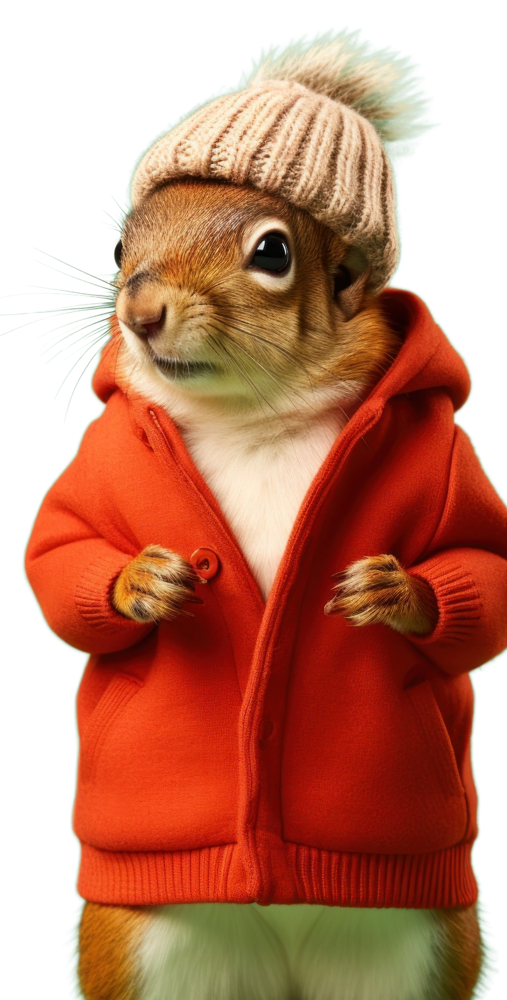 A squirrel wearing an orange jacket and a knitted hat.