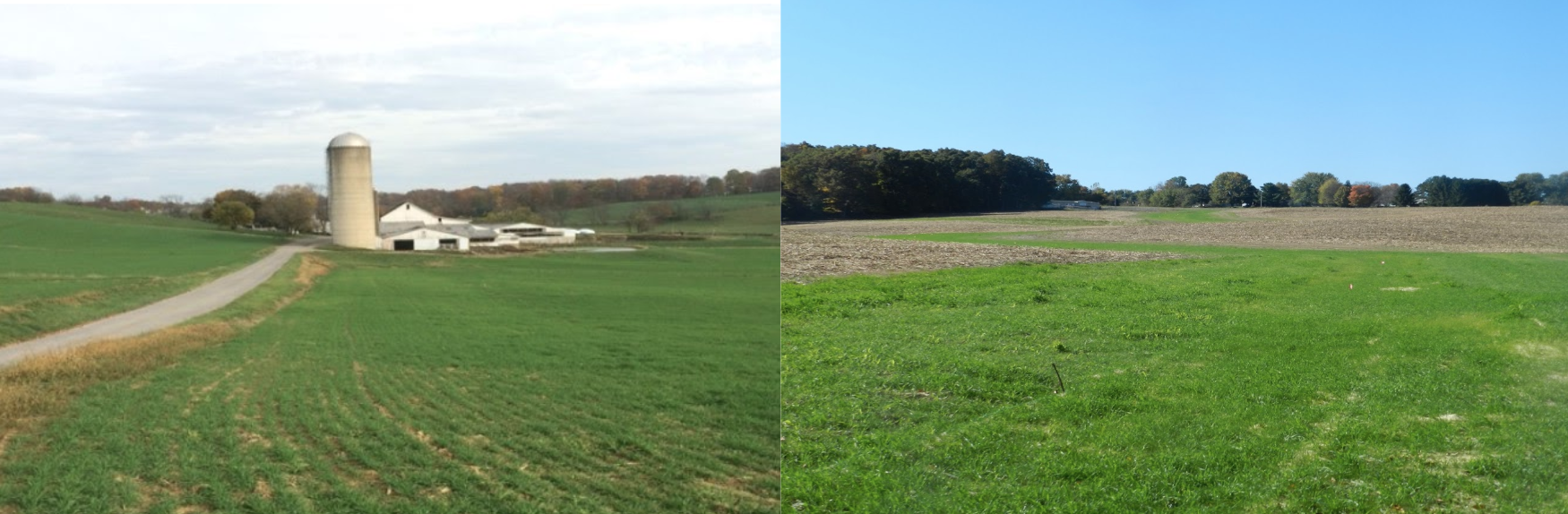 Two rural landscapes: left with a farm and silo; right with open green field and trees.