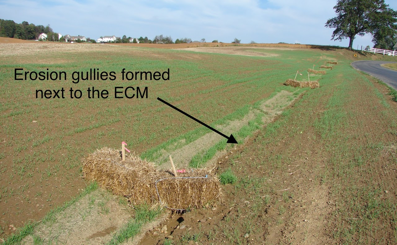 Field with erosion gullies near ECM, highlighted with text and arrow, hay bales and road nearby.