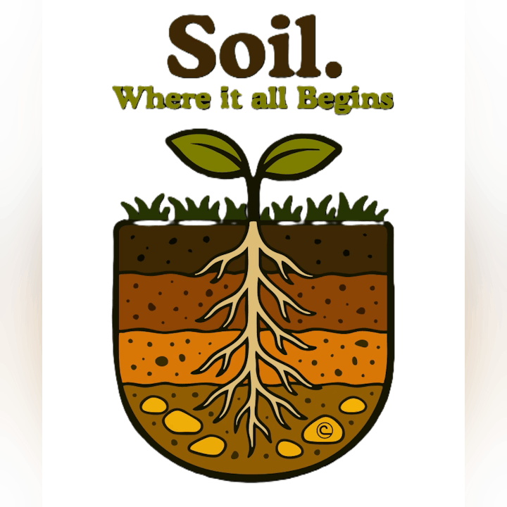 Soil layers with plant roots and a sprout. Text: "Soil. Where it all Begins."