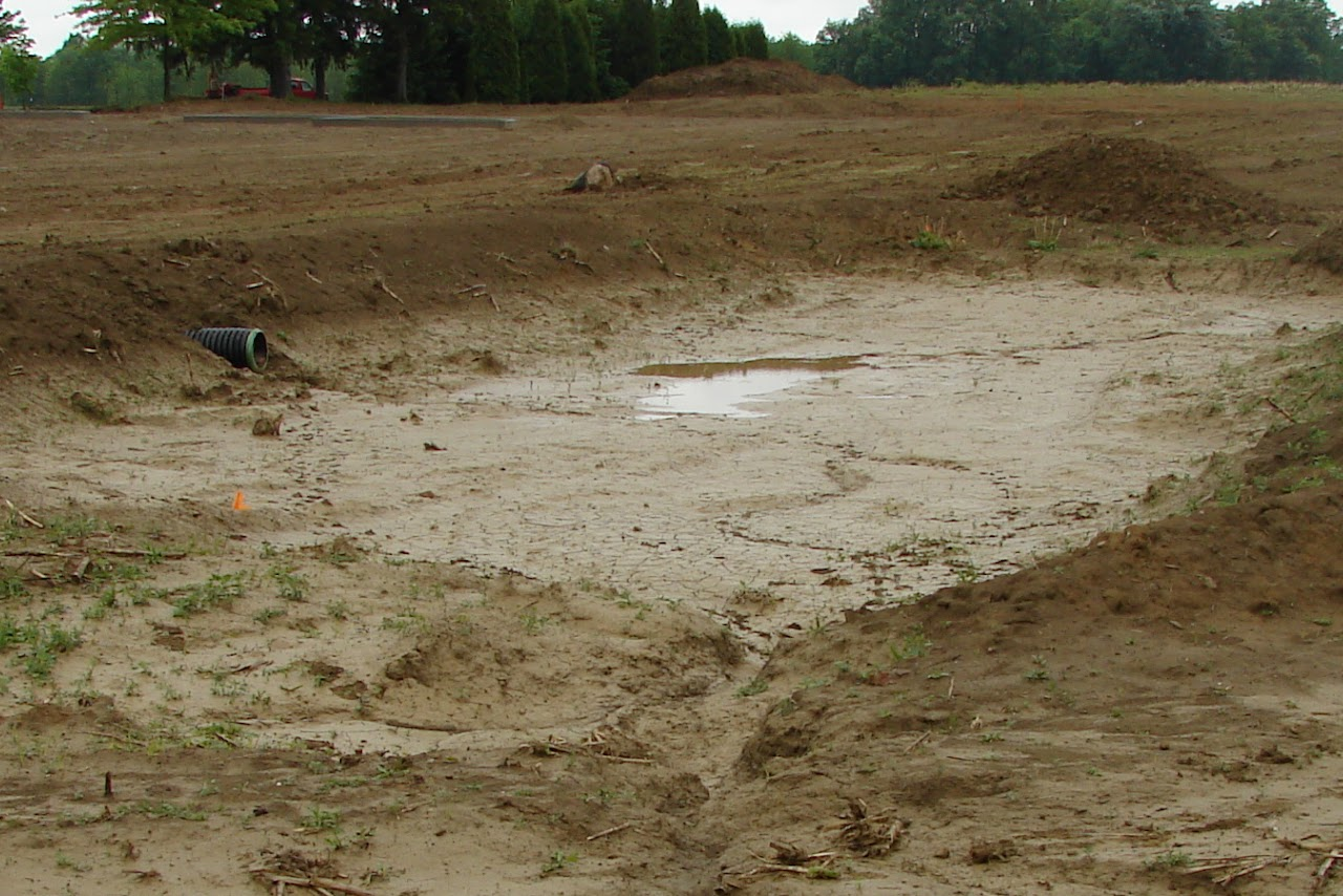 A muddy, dry basin with a small puddle, sparse vegetation, and a drainage pipe protruding from the bank.