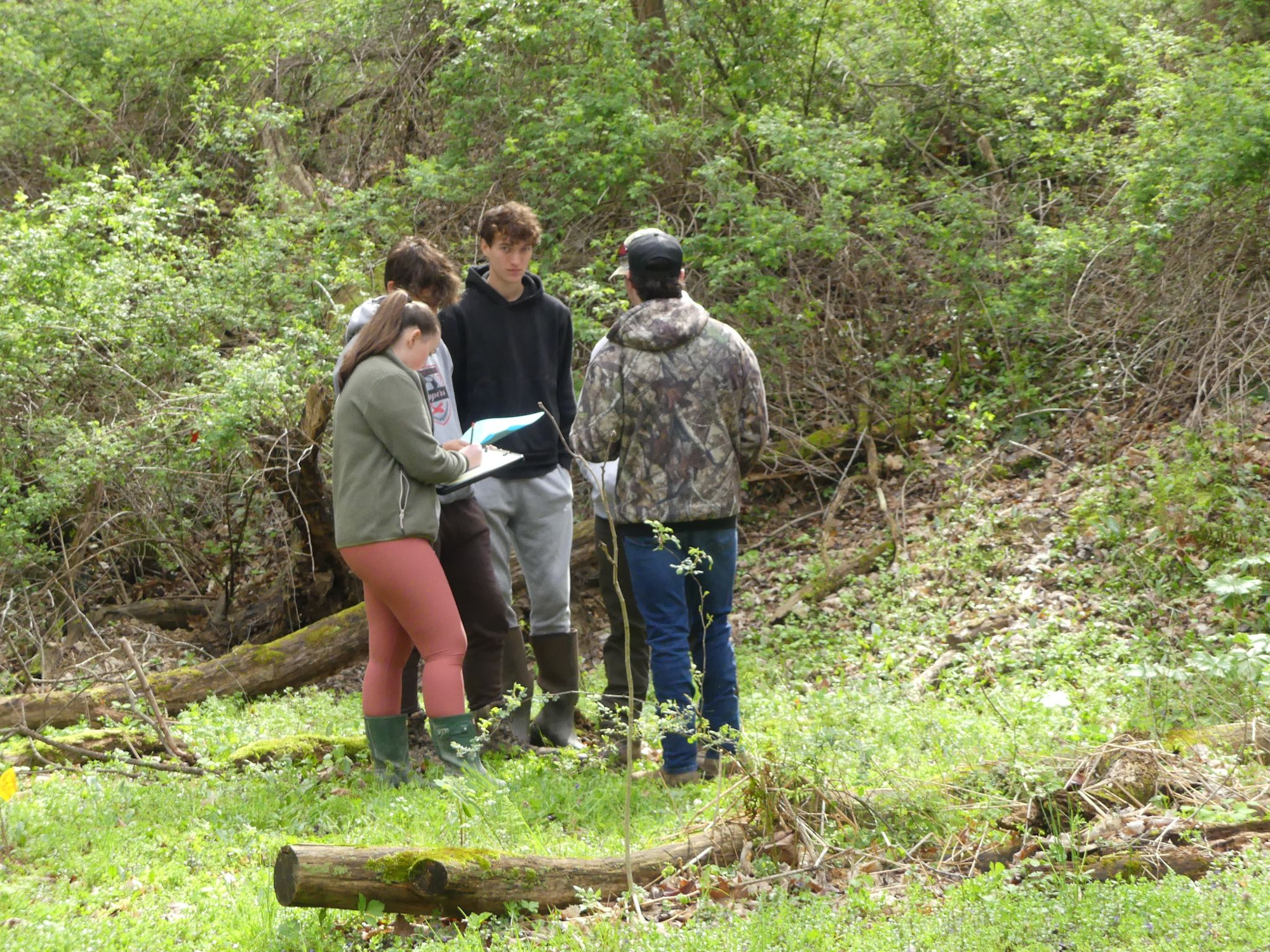 Four people gathered in a lush, green wooded area, with one person holding a notebook.