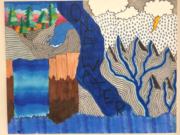 Colorful drawing of a waterfall, trees, and mountains with rain and lightning. Text reads "ONE WATER" vertically along the waterfall.