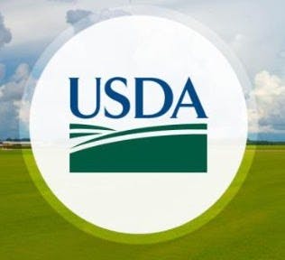 The USDA logo over a green field with a partly cloudy sky in the background.