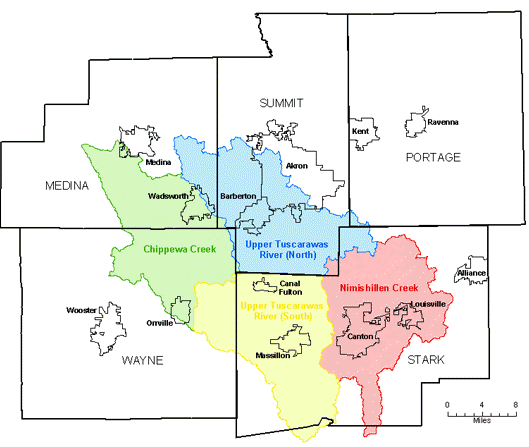 A map showing watersheds in parts of Ohio, including Chippewa Creek, Upper Tuscarawas River, and Nimishillen Creek across multiple counties.