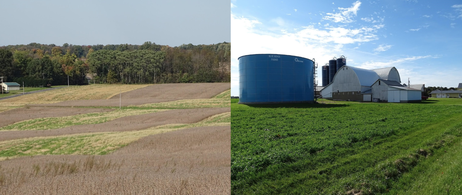 Two images: left, a field with patches of grass and crops; right, a farm with silos and barns under a blue sky.
