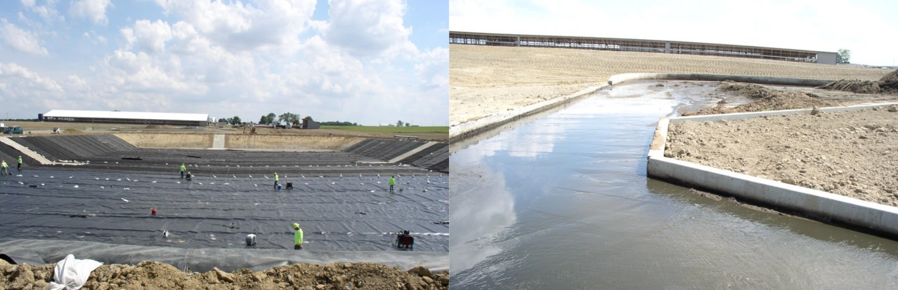 Construction of a large lined pond with workers preparing the liner, adjacent to a partially filled water channel.