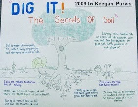 Illustrated poster titled "The Secrets of Soil," explaining soil's importance, components, layers, and role in life sustainability.