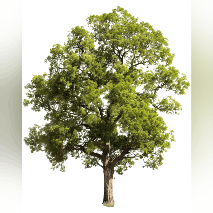 A tall, lush tree with a thick trunk and vibrant green leaves, isolated on a transparent background.