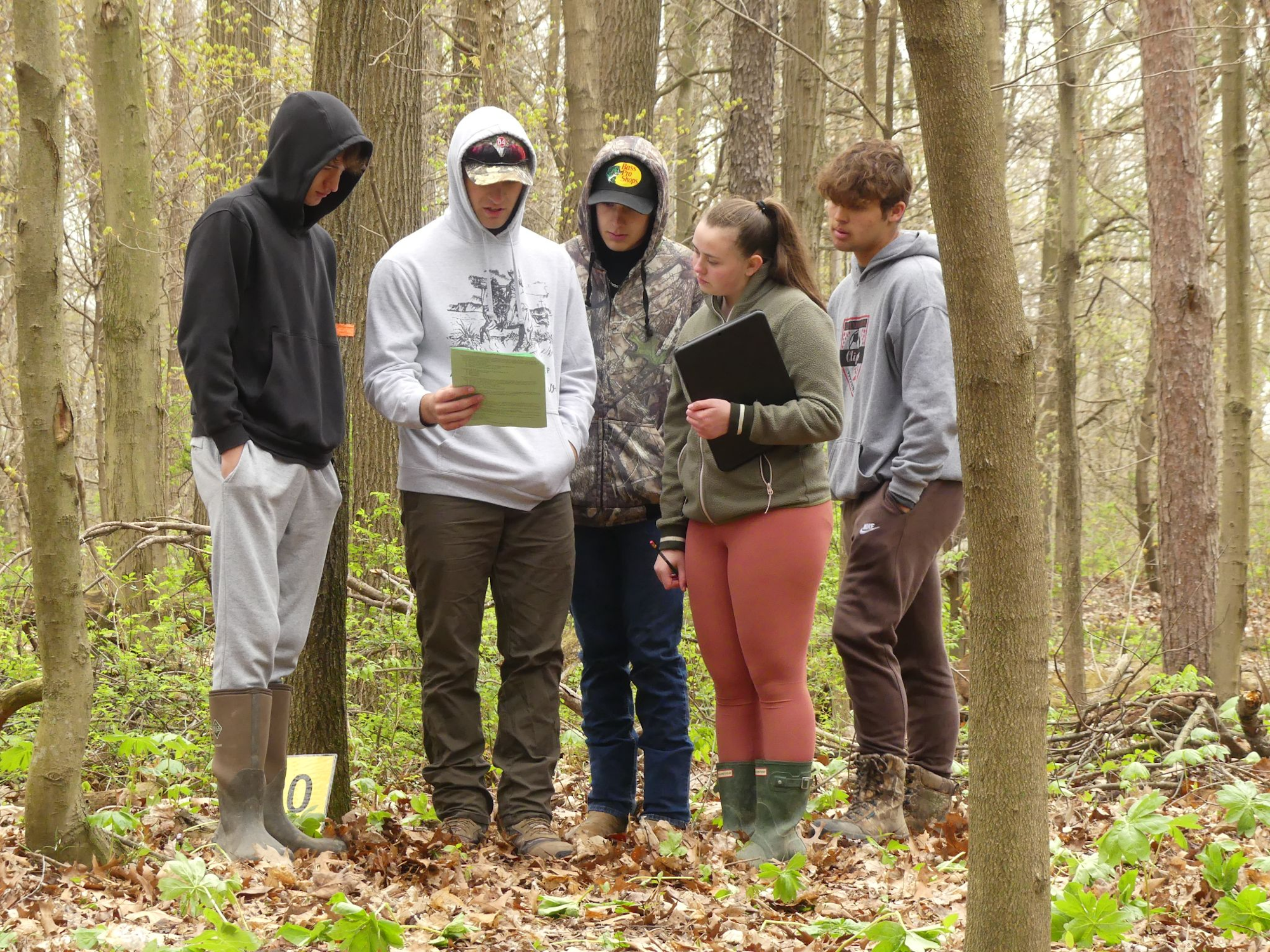 Five people in a forest, wearing casual and outdoor clothing, looking at a paper and a tablet.