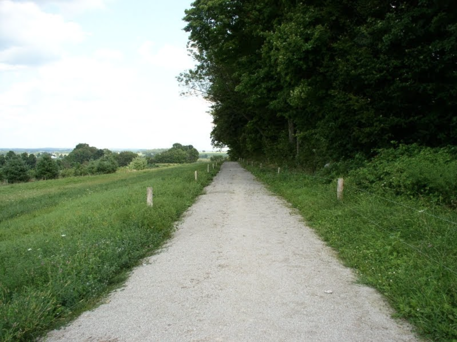 A gravel path running between grassy fields and trees under a partly cloudy sky.