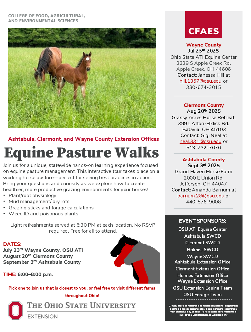 Flyer for "Equine Pasture Walks" with dates, locations, and contact info. Hosted by Ohio State University Extension.
