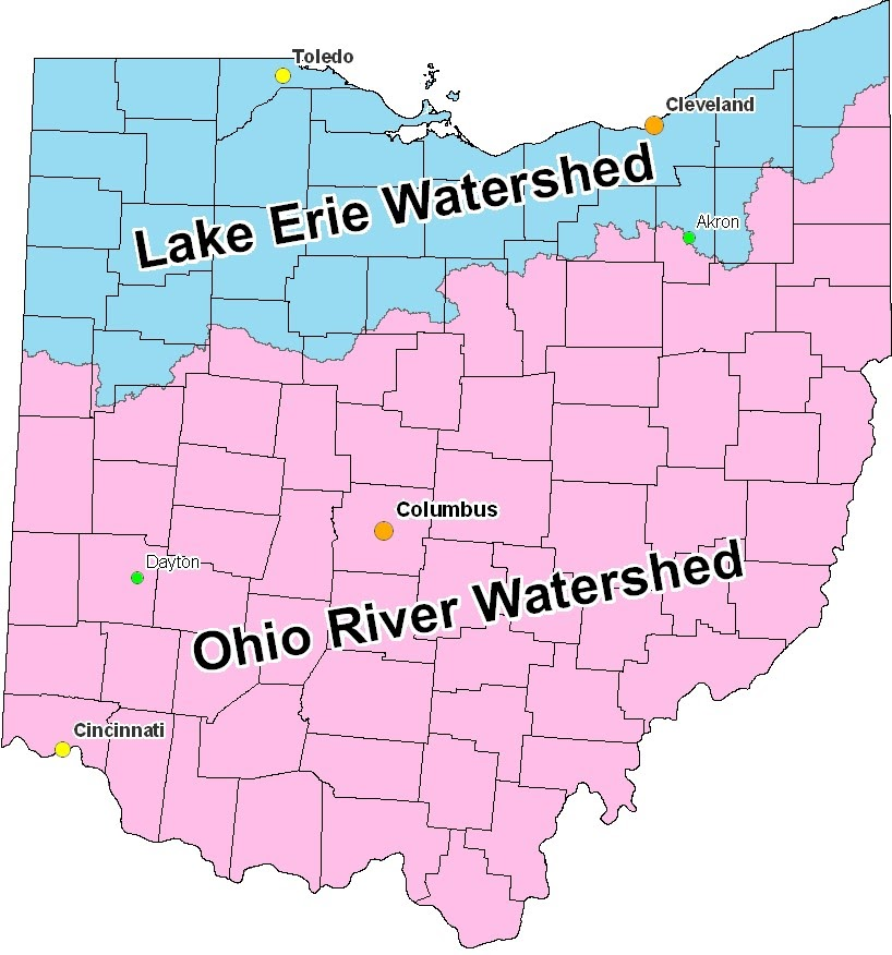 Ohio's watersheds: Lake Erie in blue and Ohio River in pink, with major cities marked.