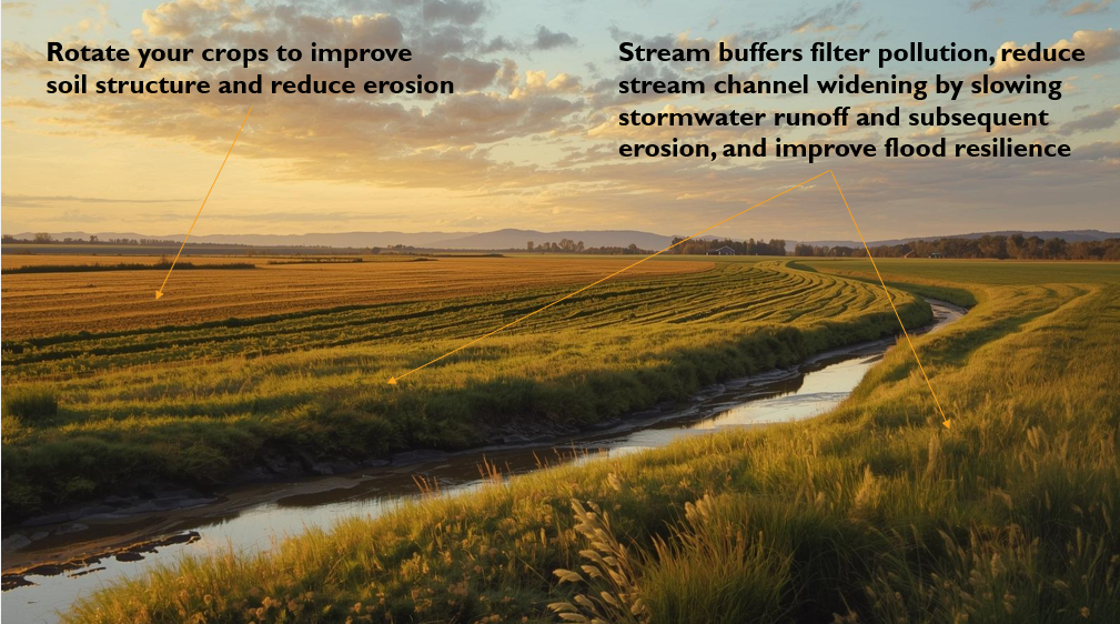 The image emphasizes sustainable farming practices: rotating crops to enhance soil health and stream buffers to reduce erosion and pollution.