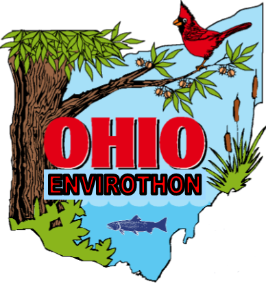 Map of Ohio with a tree, cardinal, fish, cattails, and text "Ohio Envirothon."