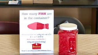 A guessing game sign asks how many candy fish are in a jar.