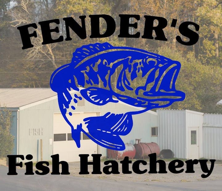 Logo for "Fender's Fish Hatchery" with a blue fish graphic, over a backdrop of hatchery buildings.