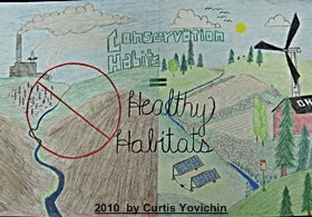 Environmental drawing showing conservation habits promoting healthy habitats, contrasting pollution with renewable energy.