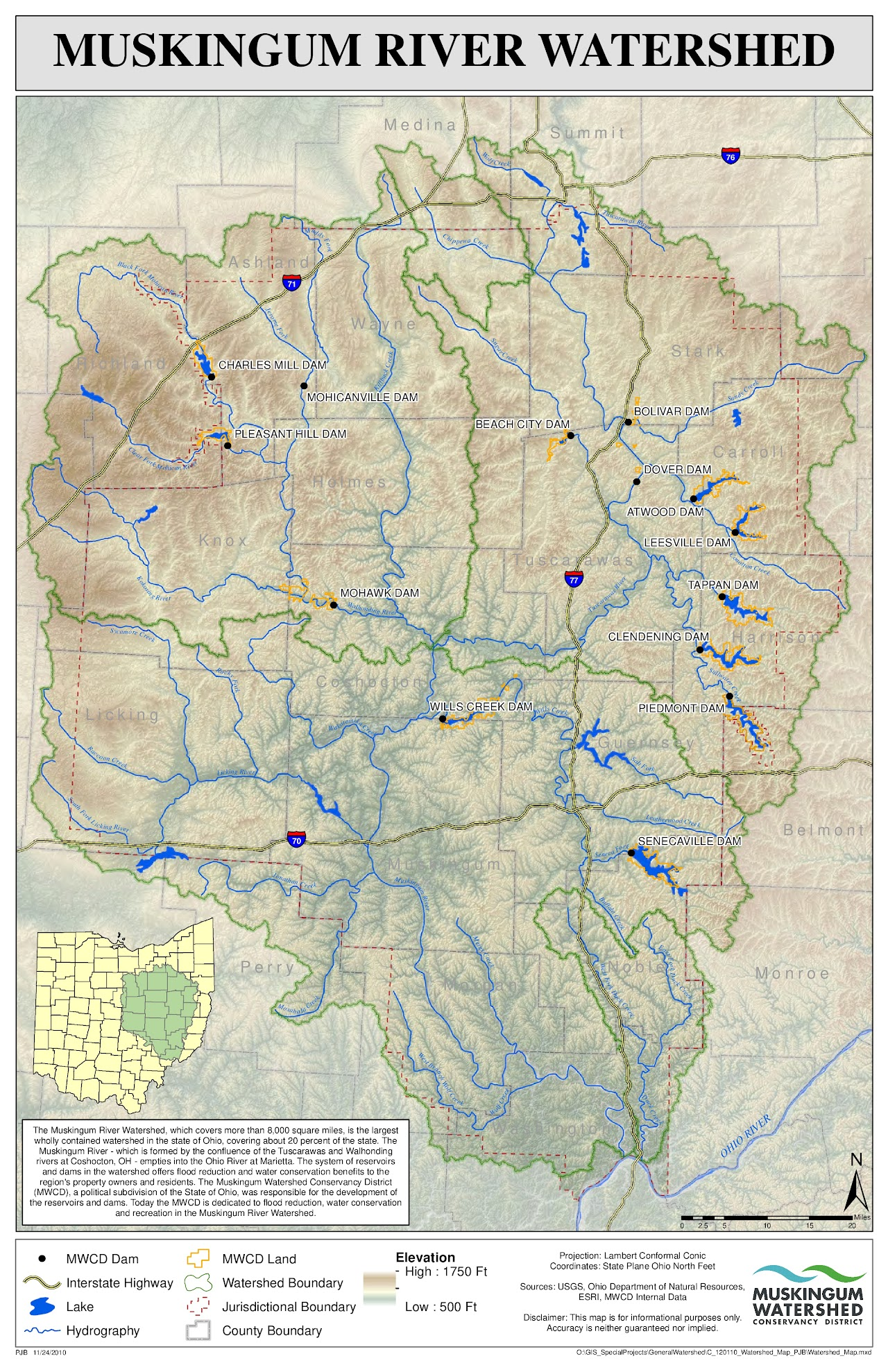 Map of the Muskingum River Watershed in Ohio, showing dams, lakes, highways, and county boundaries with elevation details.